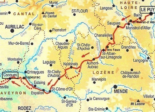 Route Le-Puy_en_Velay naar Conques 